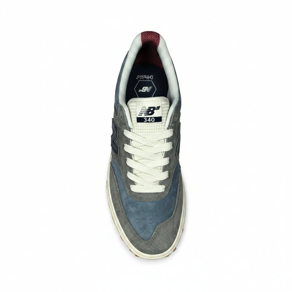overhead view of Sneaker with blue and gray design on a white background