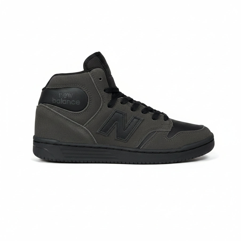 Black high-top sneaker with New Balance logo on a white background