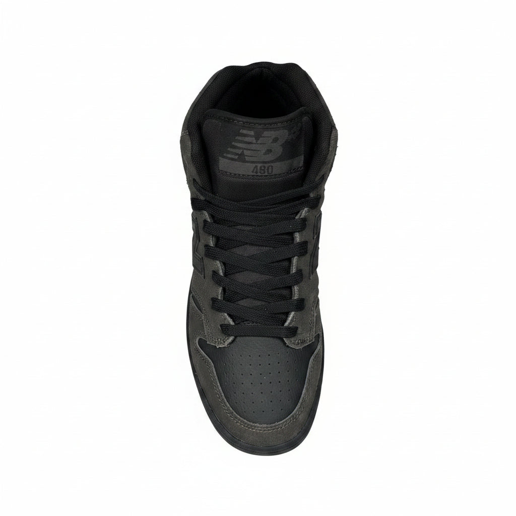 top down view of Black high-top sneaker on a white background