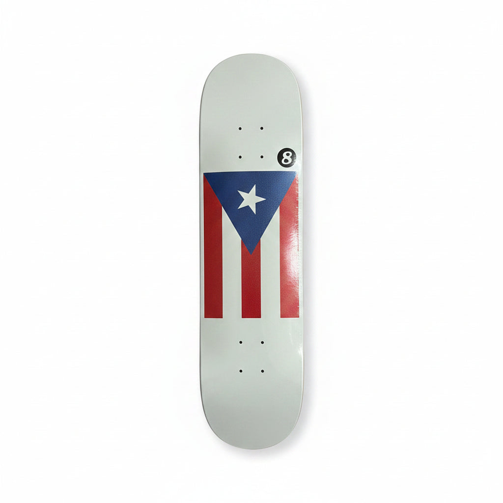 Skateboard deck with a puerto rican flag design on a white surface