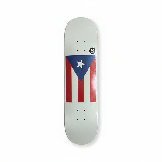 Skateboard deck with a puerto rican flag design on a white surface