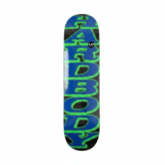 Skateboard deck with blue and green design on a white surface