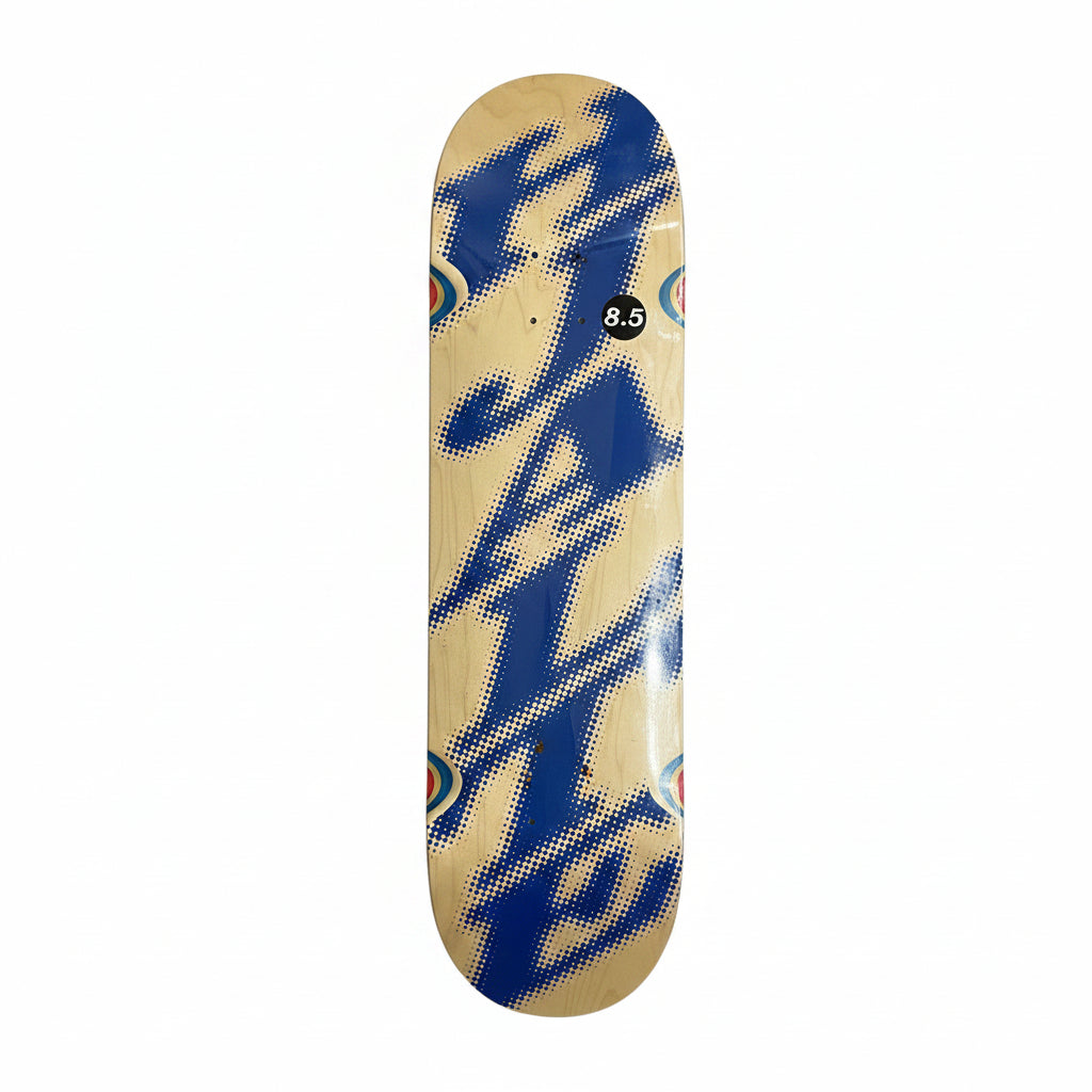 Skateboard deck with blue and beige design on a white surface