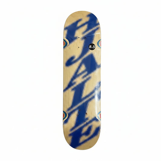 Skateboard deck with blue and beige design on a white surface