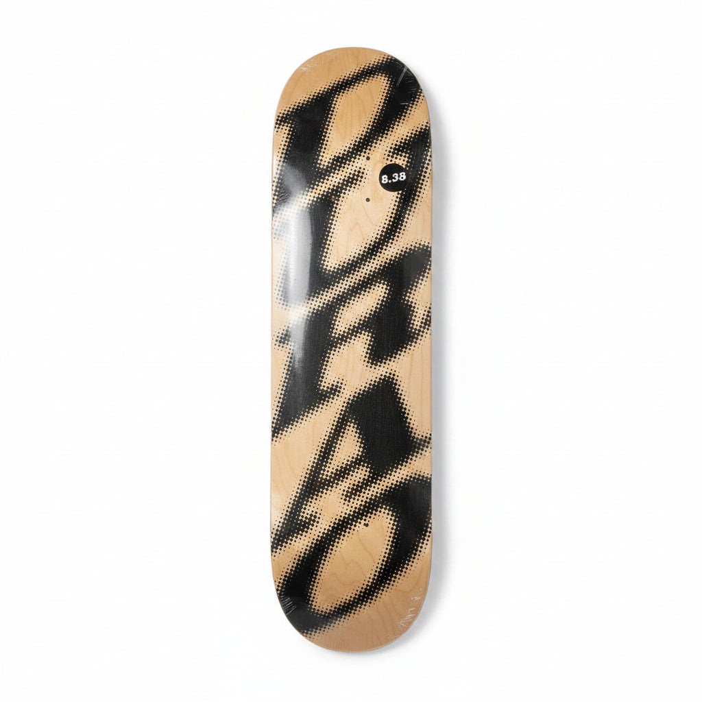 Skateboard deck with black DURAO logo on woodgrain deck