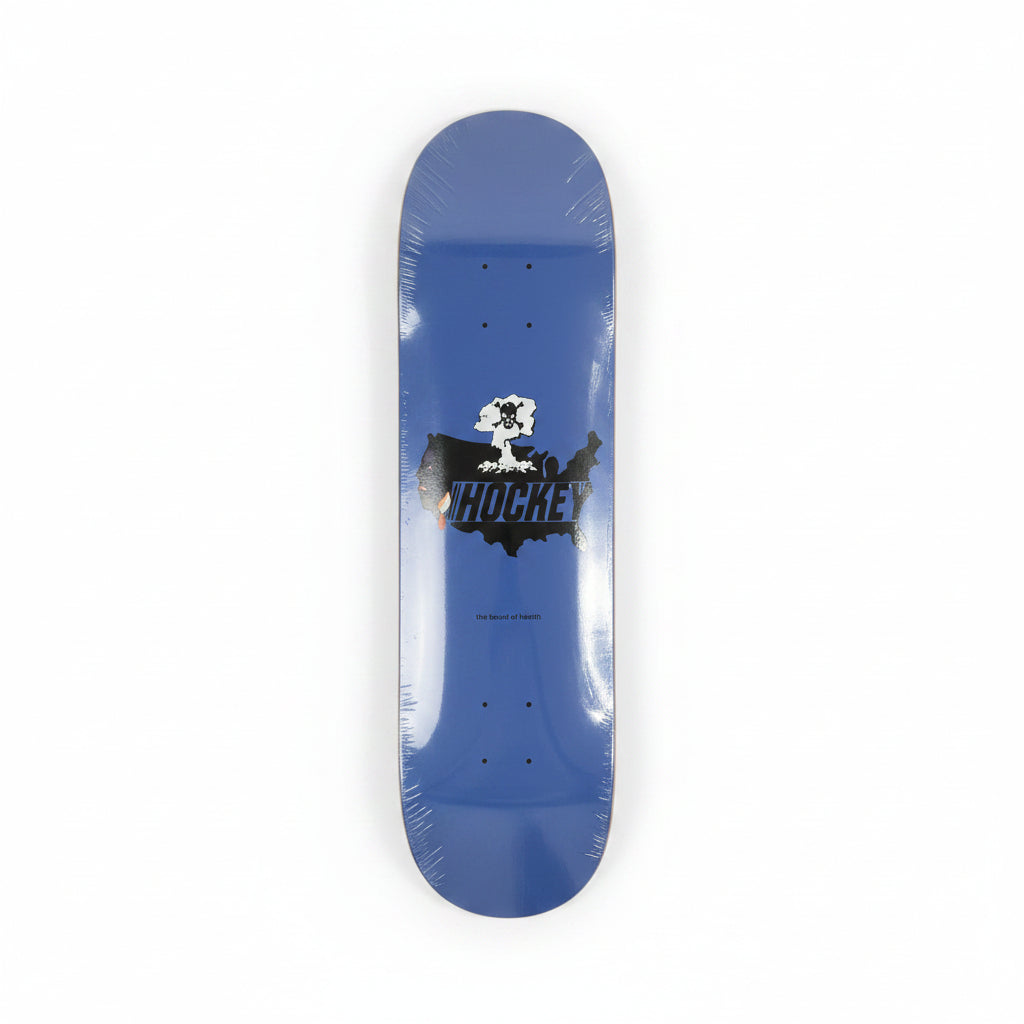 Blue skateboard deck with a logo on a white surface
