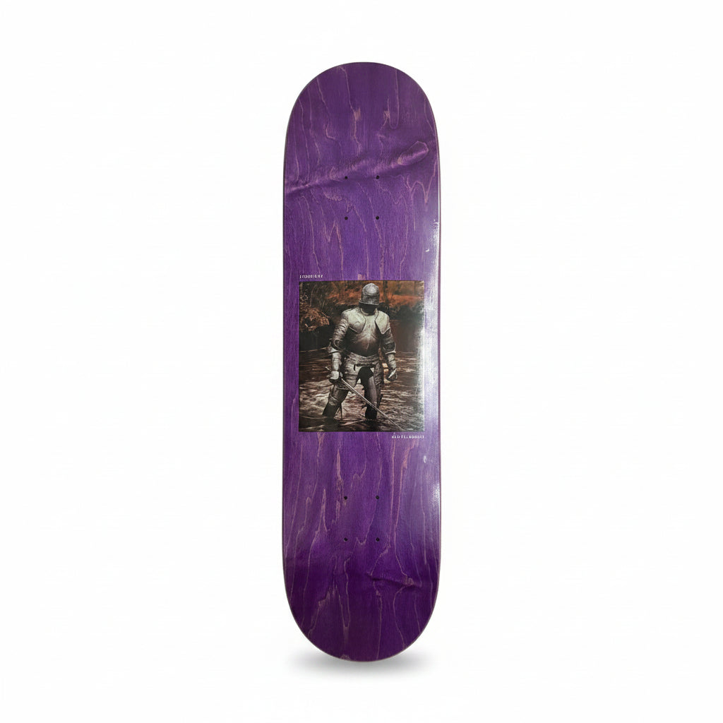 Purple skateboard deck with a graphic of a person on a white surface