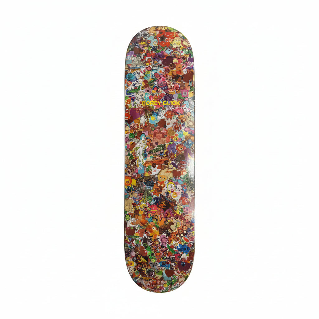 Skateboard deck with colorful abstract design on a white surface