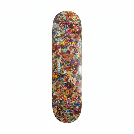 Skateboard deck with colorful abstract design on a white surface