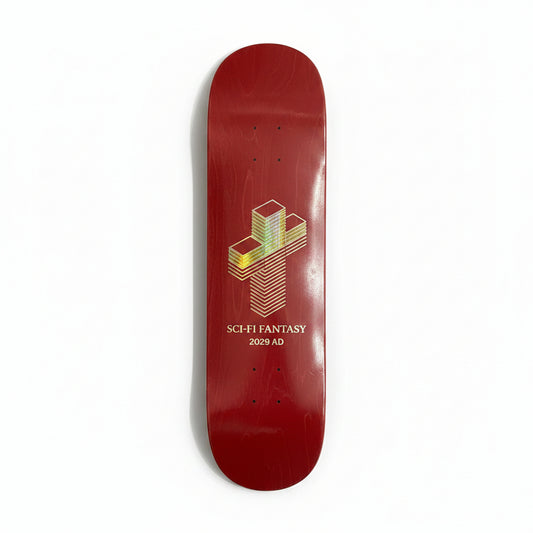 Red skateboard deck with 'Sci-Fi Fantasy 2029 AD' design on a white surface.
