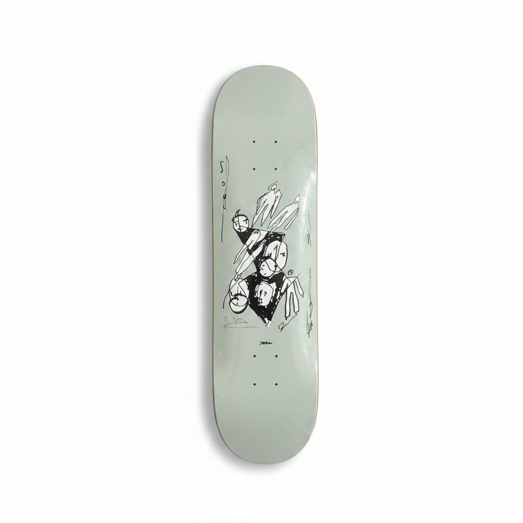 Skateboard deck with a graphic design on a white surface