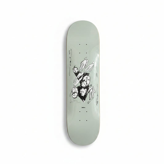 Skateboard deck with a graphic design on a white surface