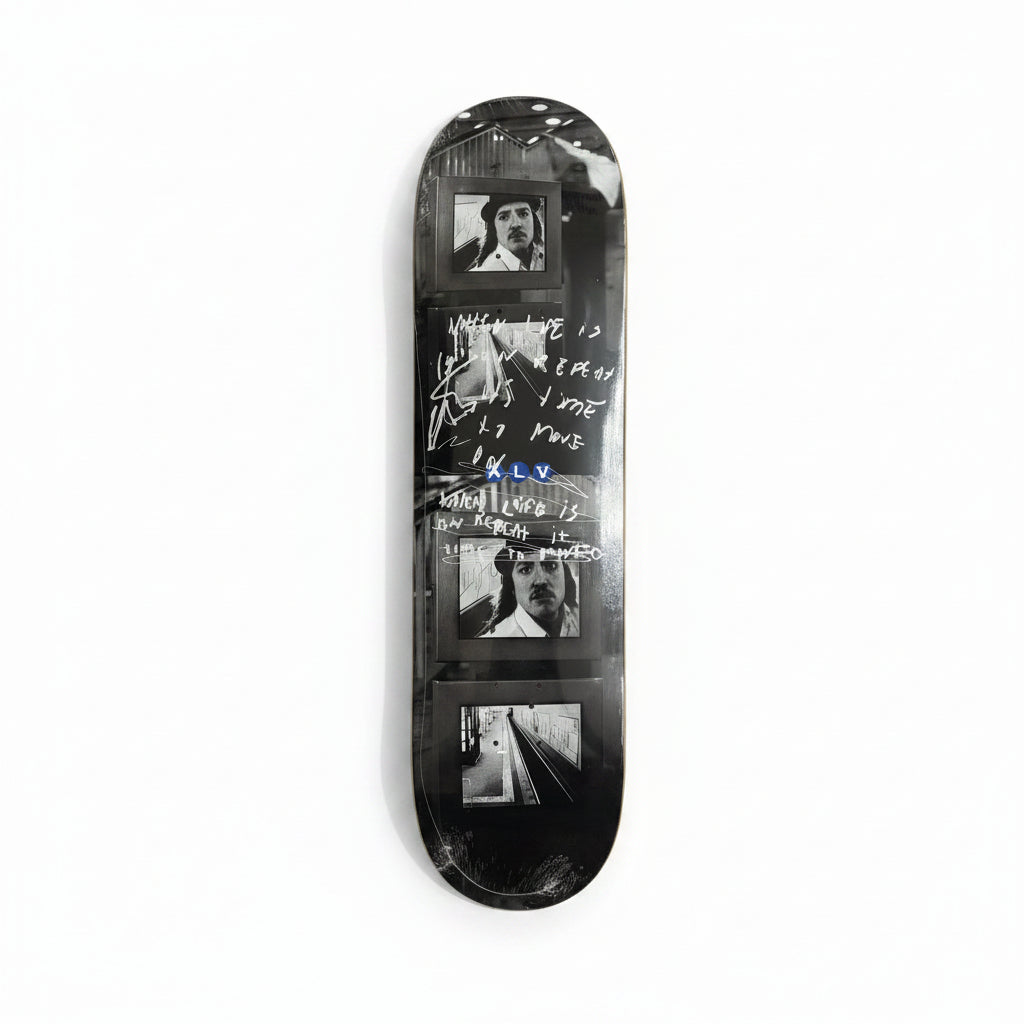 black and grey photo design skateboard deck on white background