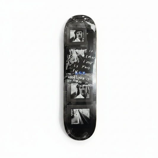 black and grey photo design skateboard deck on white background