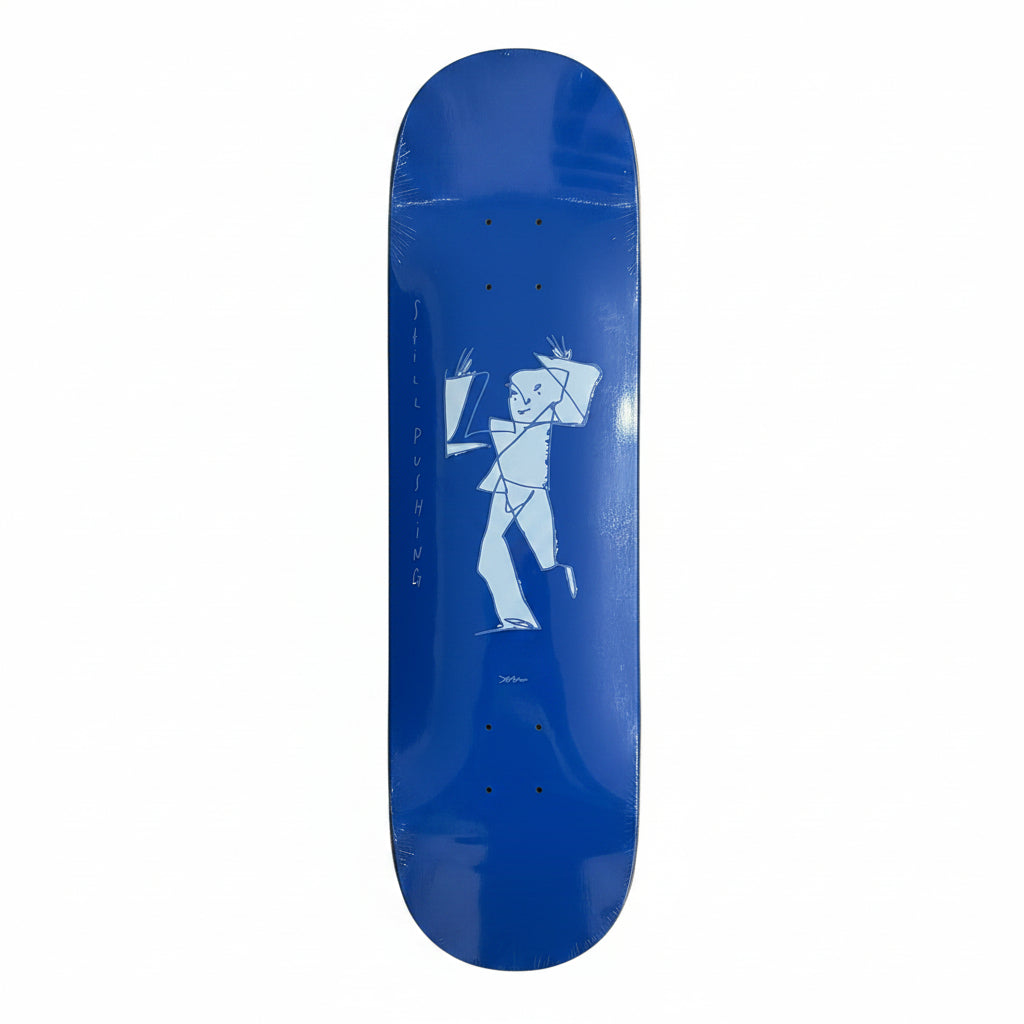 Blue skateboard deck with a white graphic on a white surface