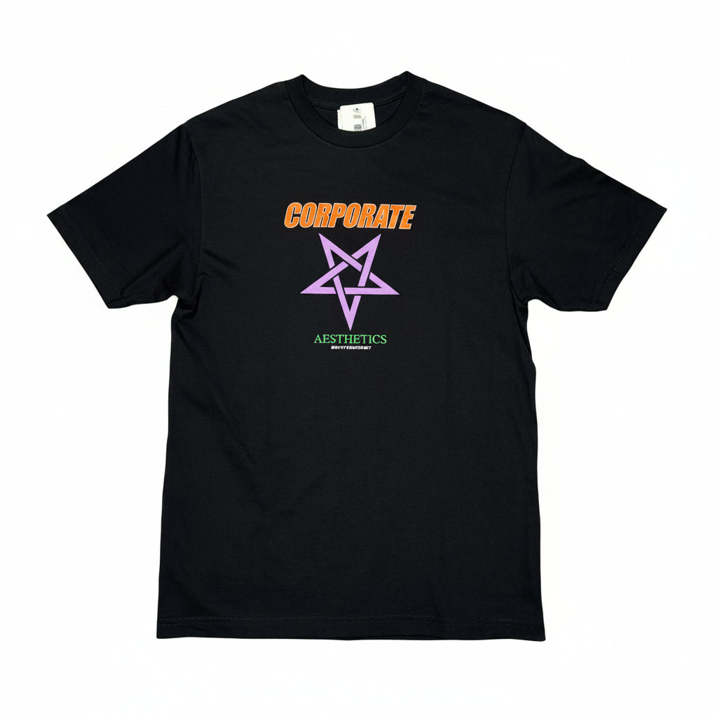 Black t-shirt with 'Corporate Aesthetics' logo on a white background