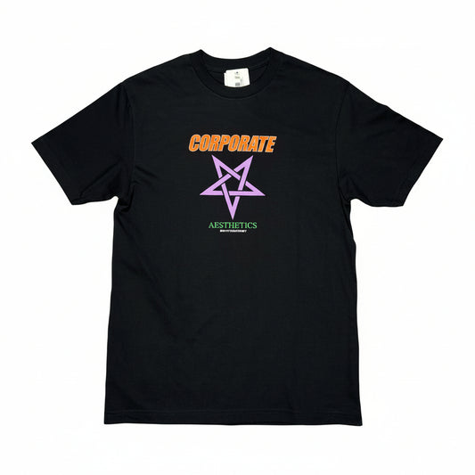 Black t-shirt with 'Corporate Aesthetics' logo on a white background