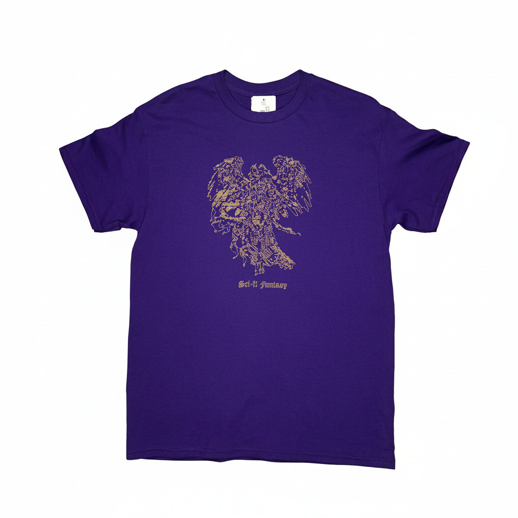 Purple t-shirt with gold angel design on a white surface