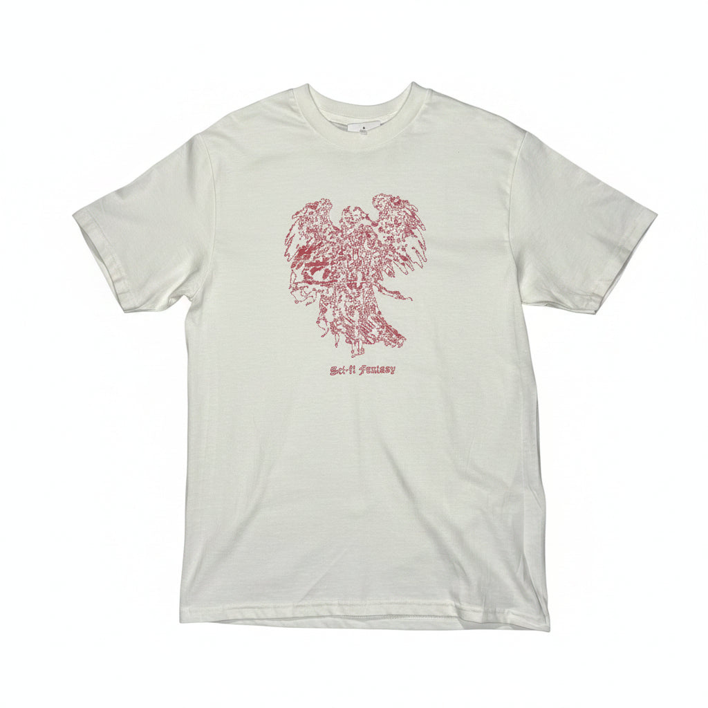 White t-shirt with red angel graphic design on a white surface