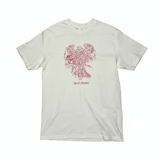White t-shirt with red angel graphic design on a white surface