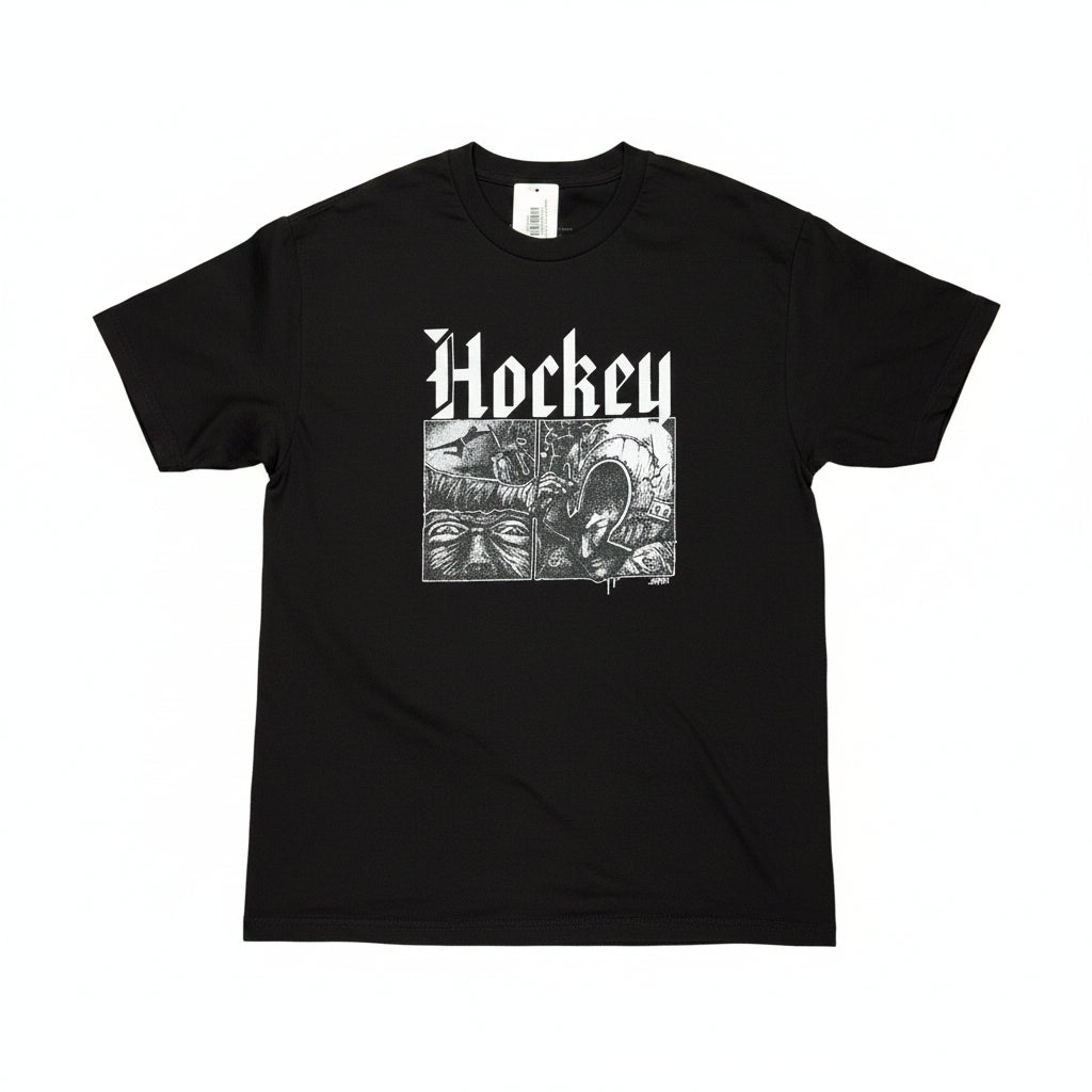 Black t-shirt with 'Hockey' graphic design on a white surface