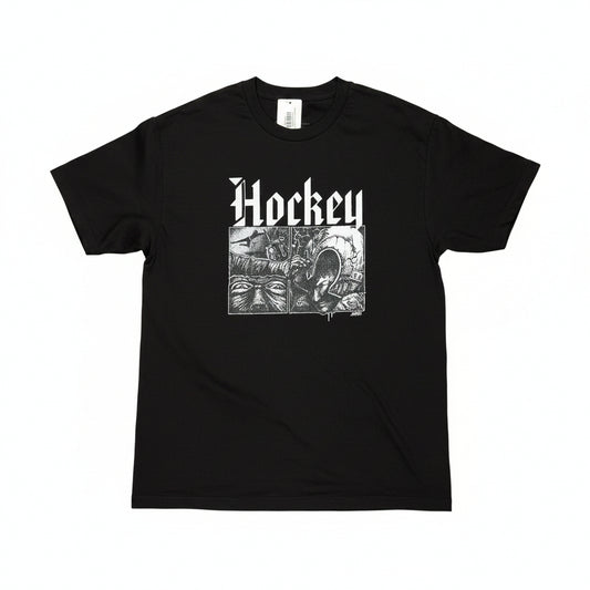 Black t-shirt with 'Hockey' graphic design on a white surface