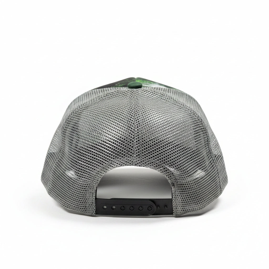 rear of grey mesh cap on a white surface