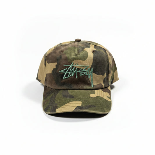 Camouflage baseball cap with a logo on a white surface