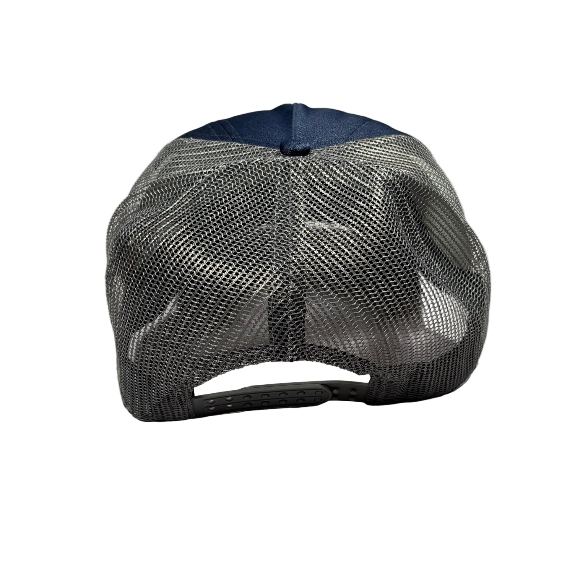 rear view of navy mesh cap on a white surface