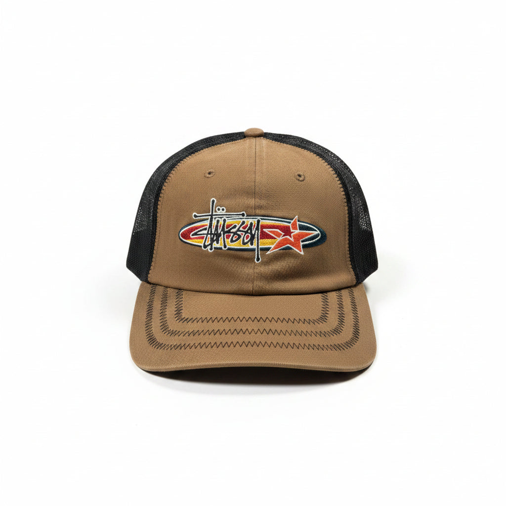 Brown and black cap with a stussy star logo on a white surface