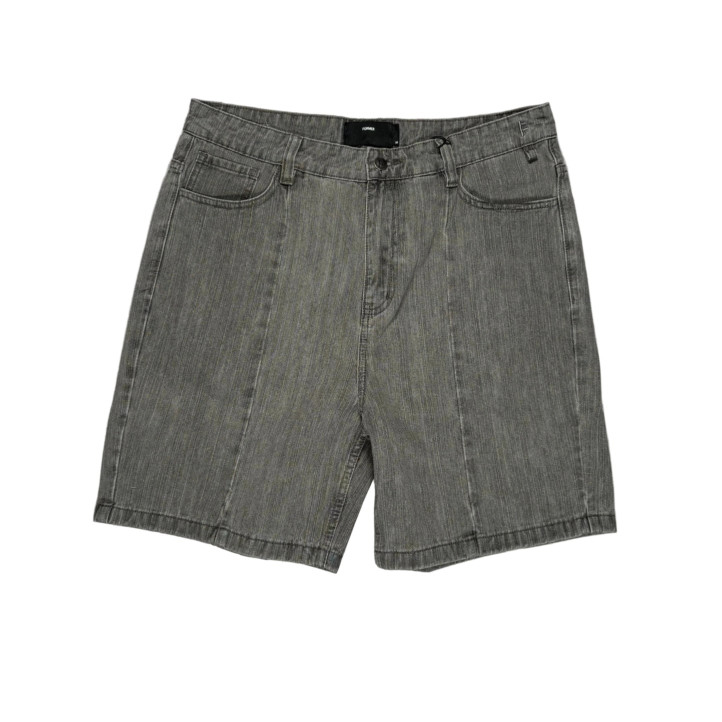 Gray denim shorts on a white background