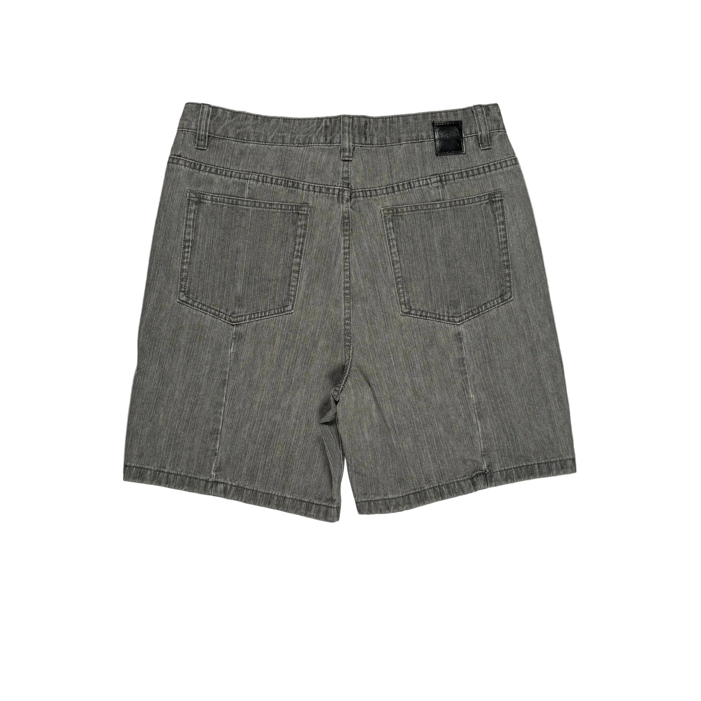 Gray denim shorts on a white background