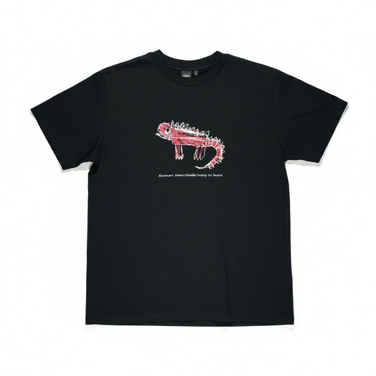 Black t-shirt with a red and white dinosaur like graphic on a white surface