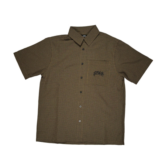 Brown checkered shirt with a left pocket embroidered logo on a white surface