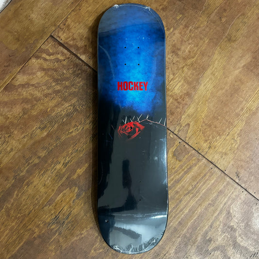 blue and black skateboard deck with rose and thorn pictured on it