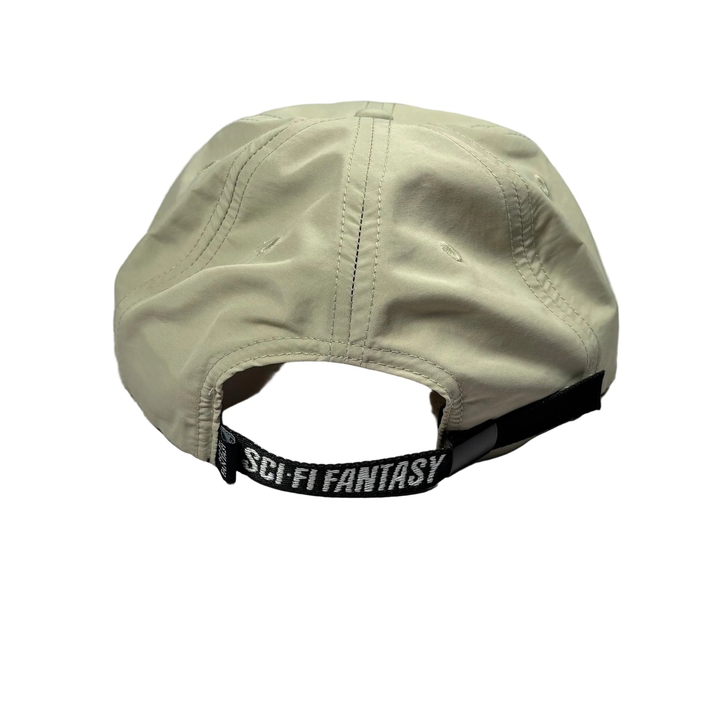rear view of Beige cap with a black strap labeled 'Sci-Fi Fantasy' on a white surface.