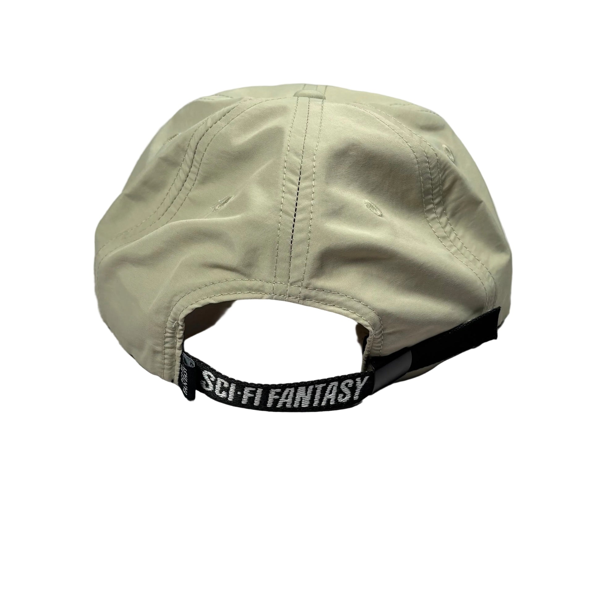 rear view of Beige cap with a black strap labeled 'Sci-Fi Fantasy' on a white surface.
