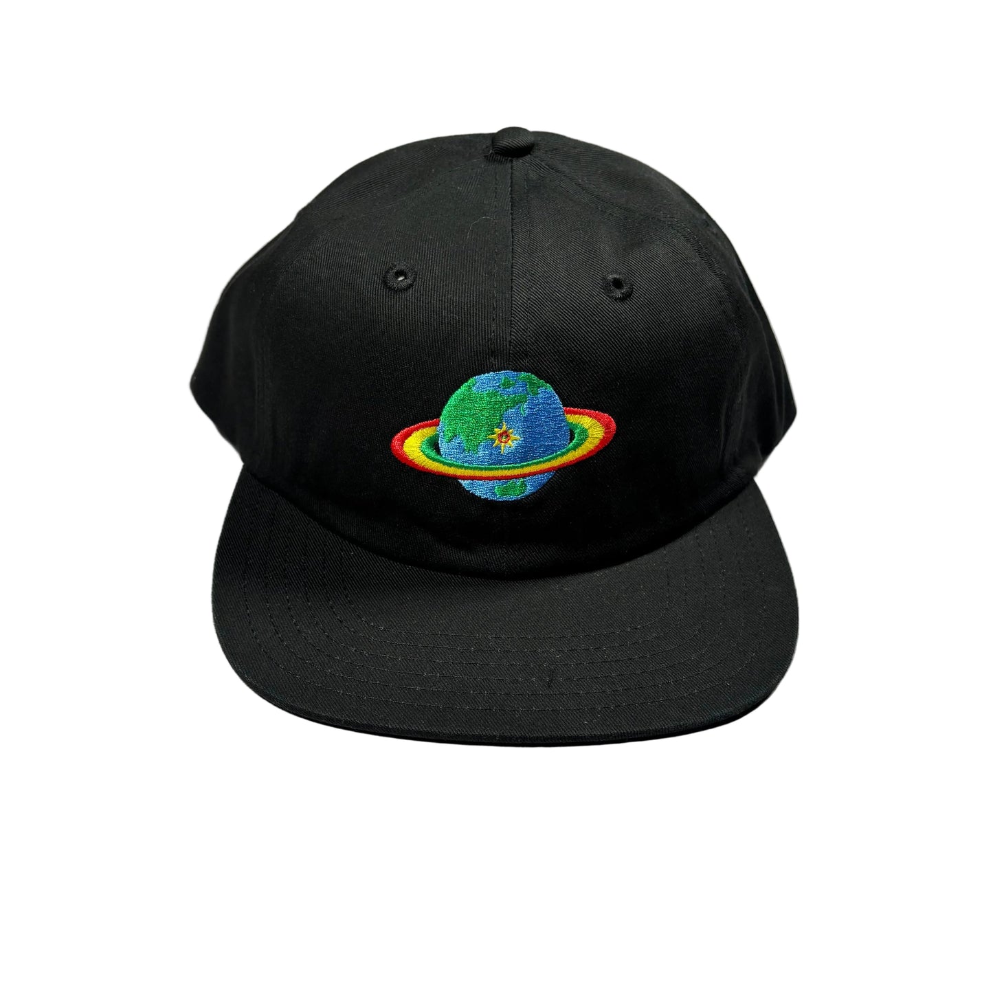 Black cap with a colorful planet embroidered design on a white surface