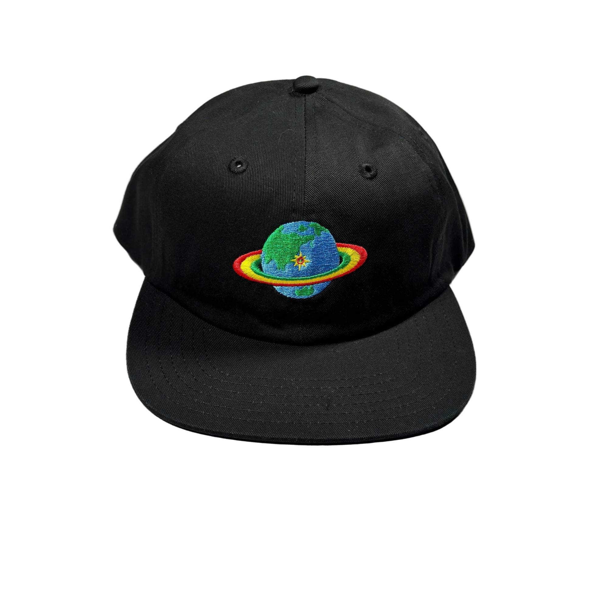 Black cap with a colorful planet embroidered design on a white surface
