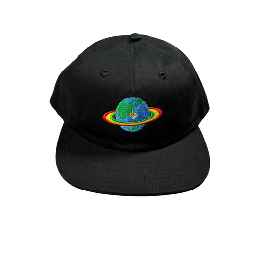 Black cap with a colorful planet embroidered design on a white surface