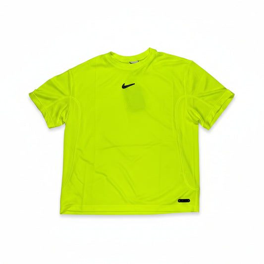 Bright yellow atheltic style jersey with a black nike logo on a white surface