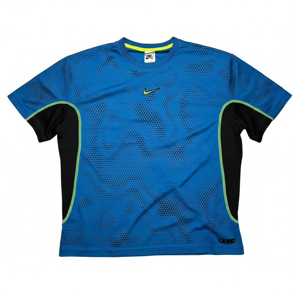 Blue athletic style jersey with black sleeves and yellow Nike logo on a white surface