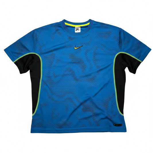 Blue athletic style jersey with black sleeves and yellow Nike logo on a white surface
