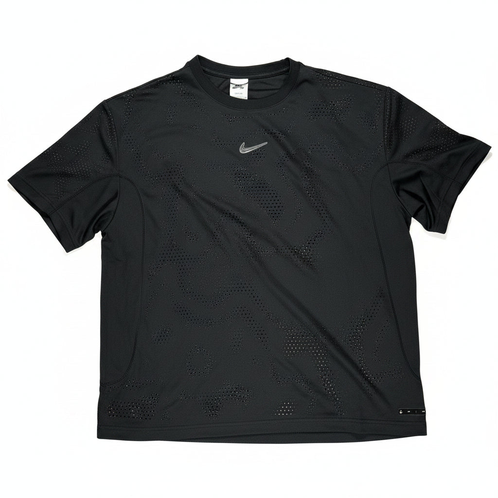 Black athletic looking jersey with a brand logo on a white surface