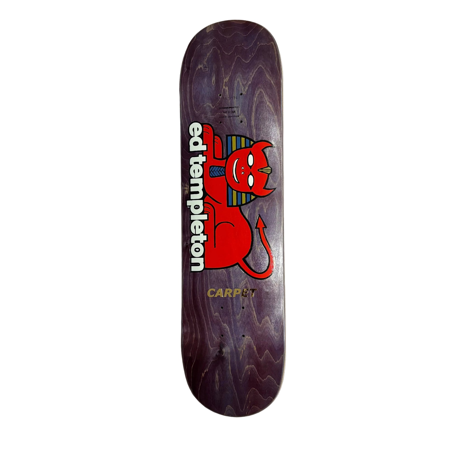 Skateboard deck with a red devil CAT graphic and 'ed templeton' text on a white surface.