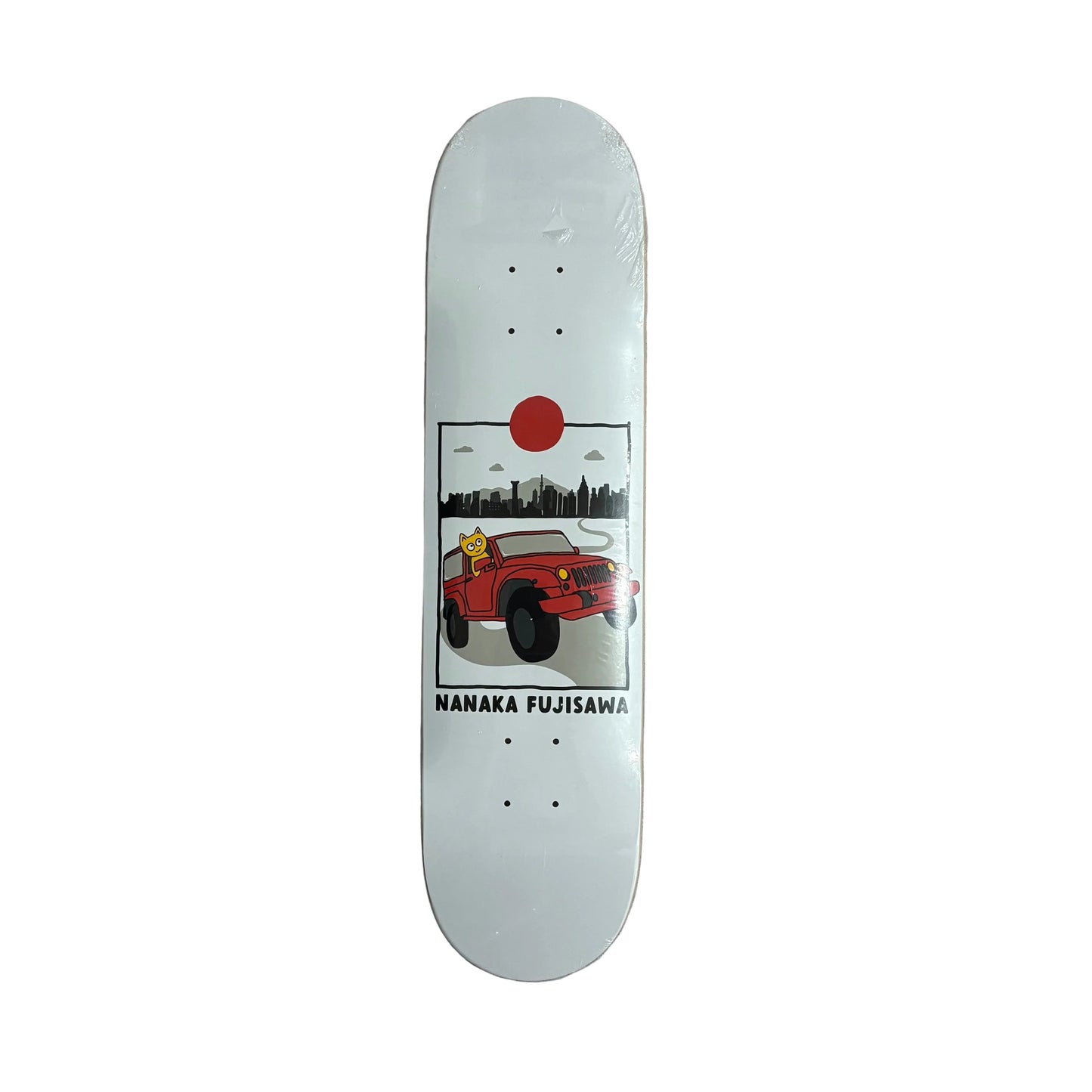 Skateboard deck with a red car illustration on a gray surface