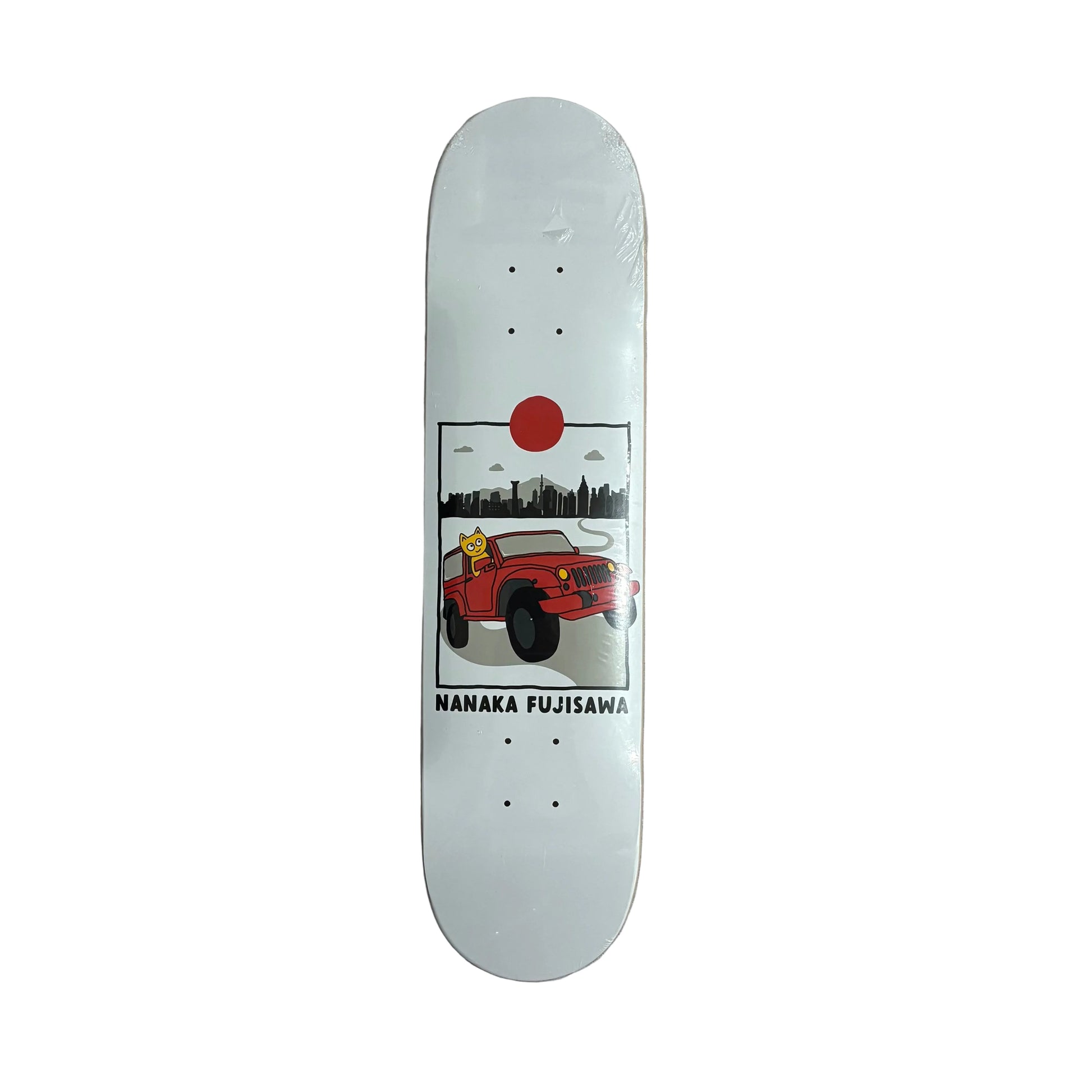 Skateboard deck with a red car illustration on a gray surface