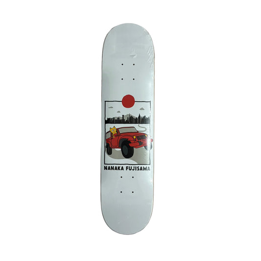 Skateboard deck with a red car illustration on a gray surface