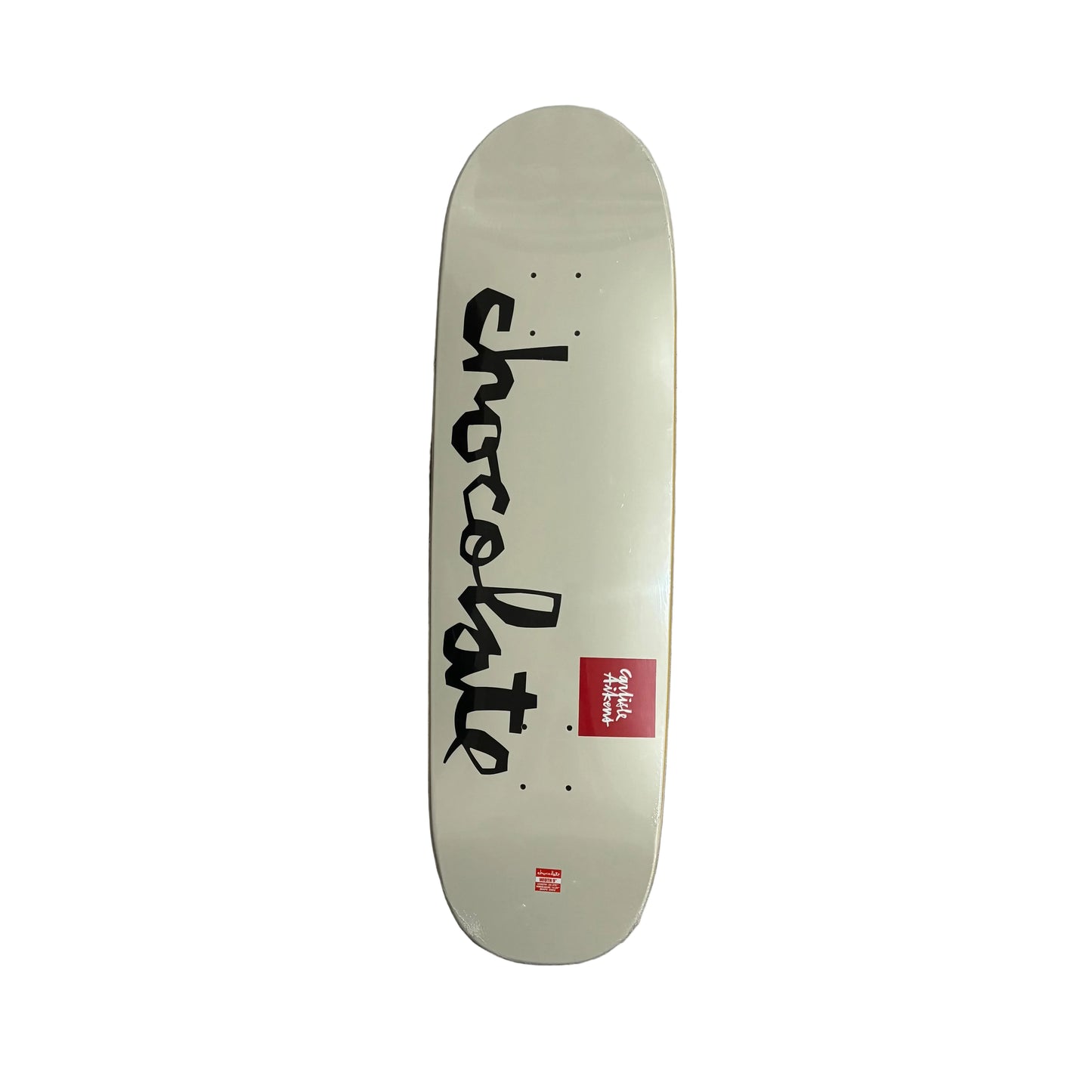 off white shaped deck with CHOCOLATE script
