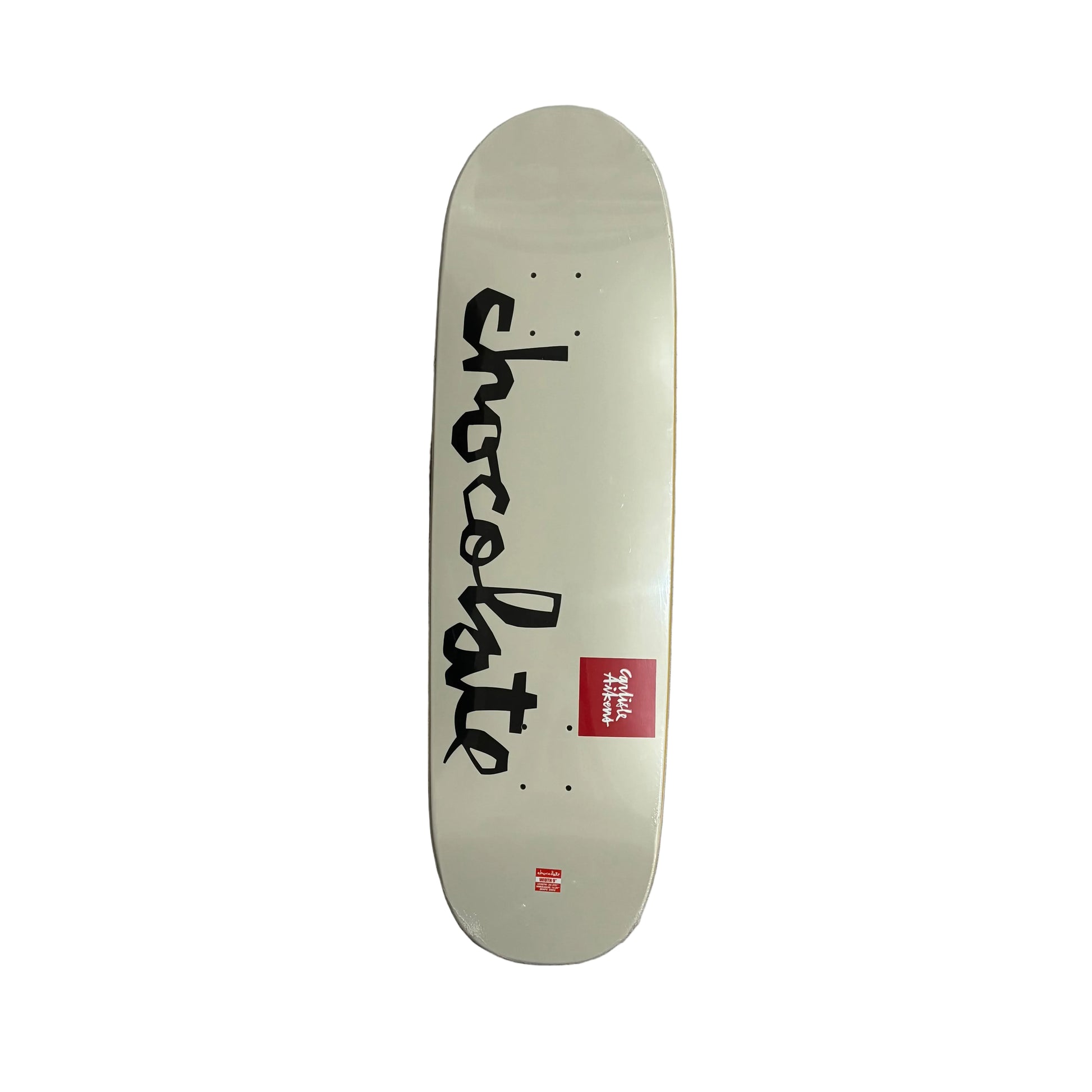 off white shaped deck with CHOCOLATE script